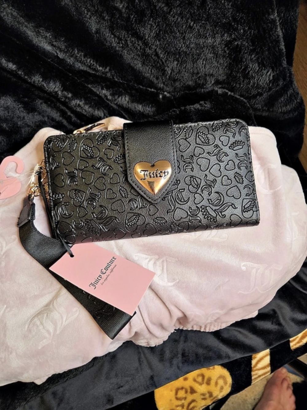 Juicy Couture Debossed Hearts Zip Around Wallet with Wristlet Strap